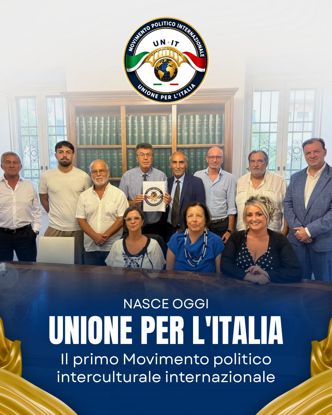 Foto dei fondatori di Unione per l’Italia con il logo UN.IT e l’annuncio della nascita del movimento